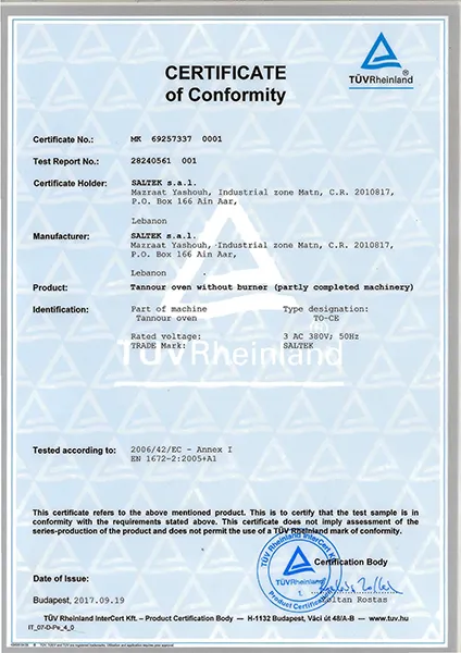 Certificate of conformity for Tannour Oven of Saltek