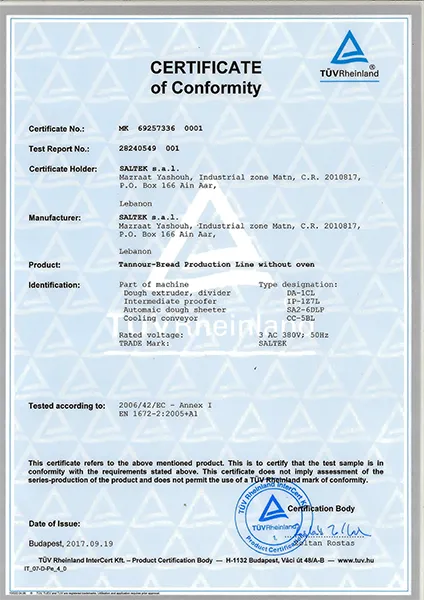 Certificate of conformity for Tannour Production Line of Saltek
